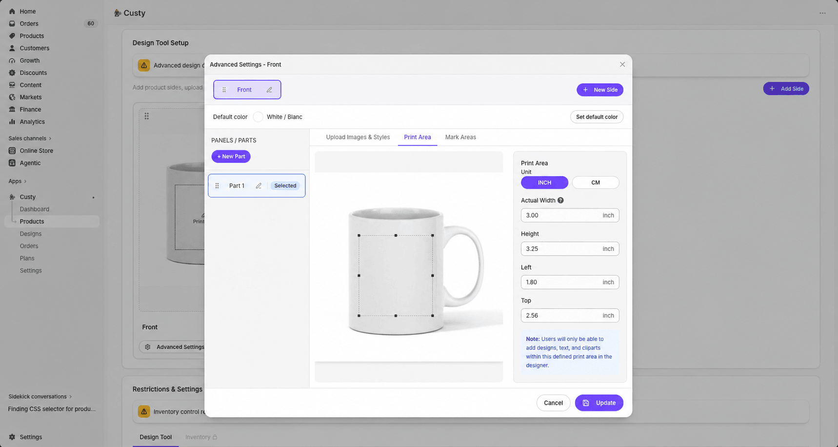Custy Advanced Settings for the Front side with a print area defined on a mug