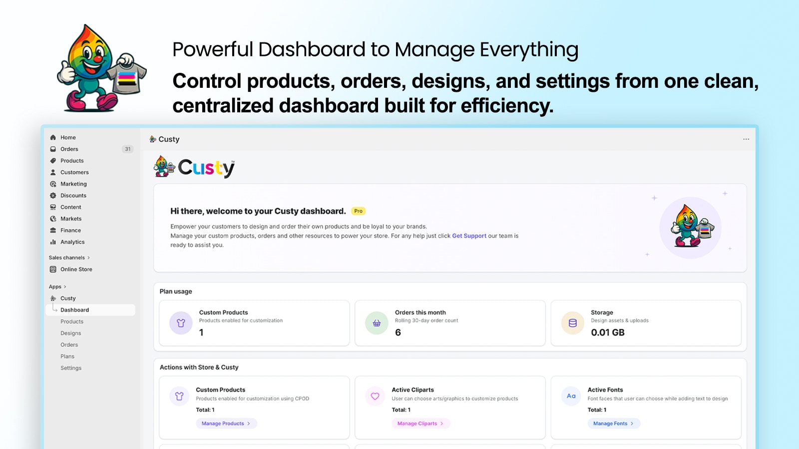 Custy dashboard in Shopify Admin showing plan usage and management cards