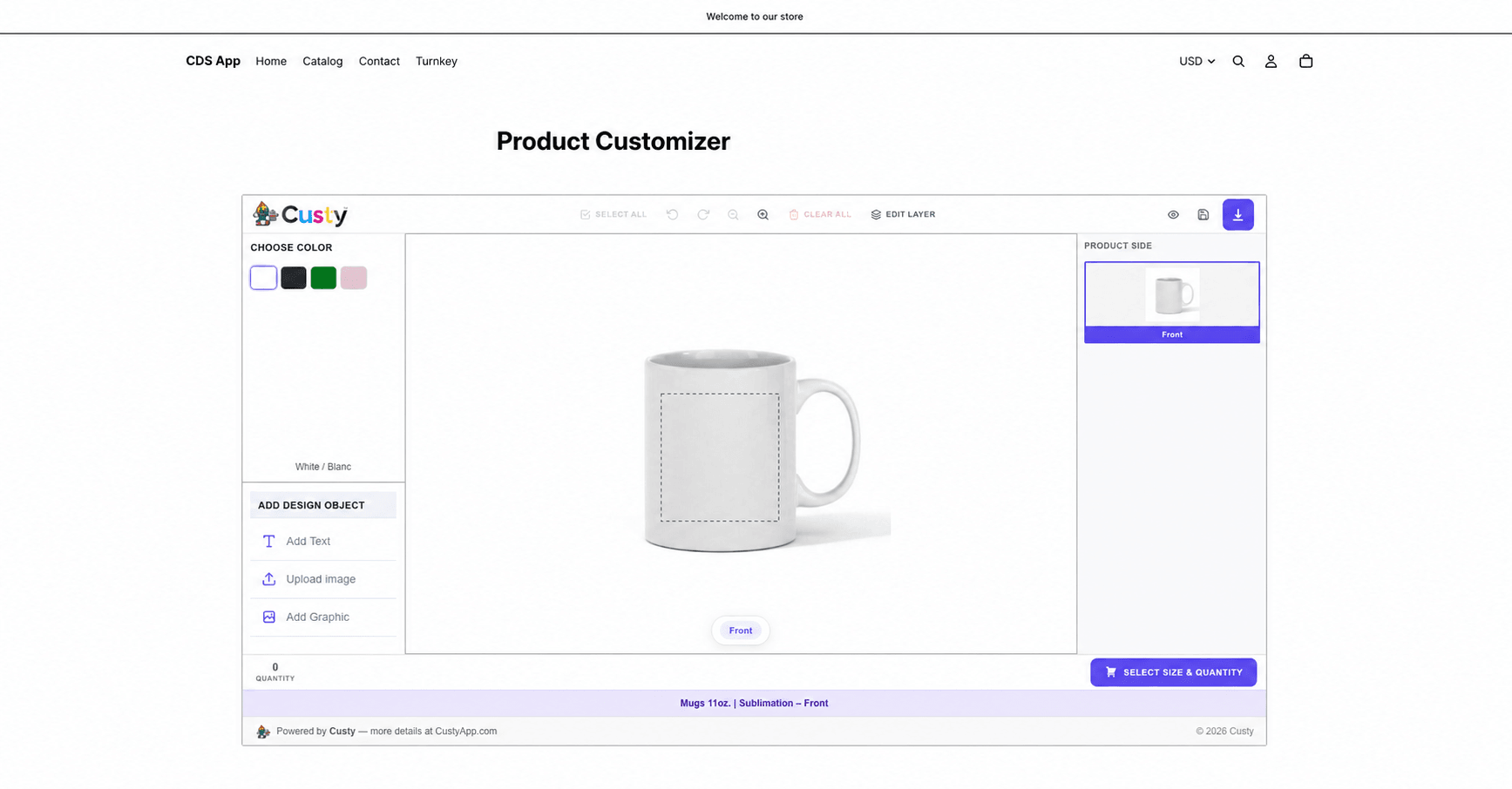 Custy Design Lab editor showing a mug, print area, design tools, colors, and product sides