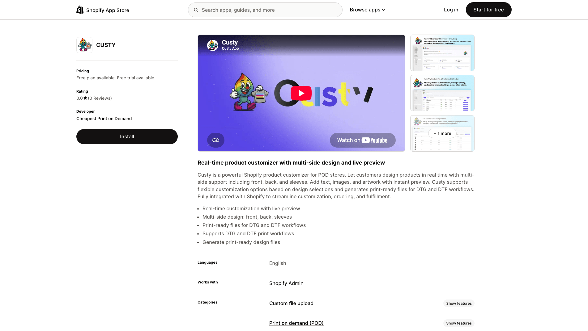 Custy listing in the Shopify App Store with the Install button visible