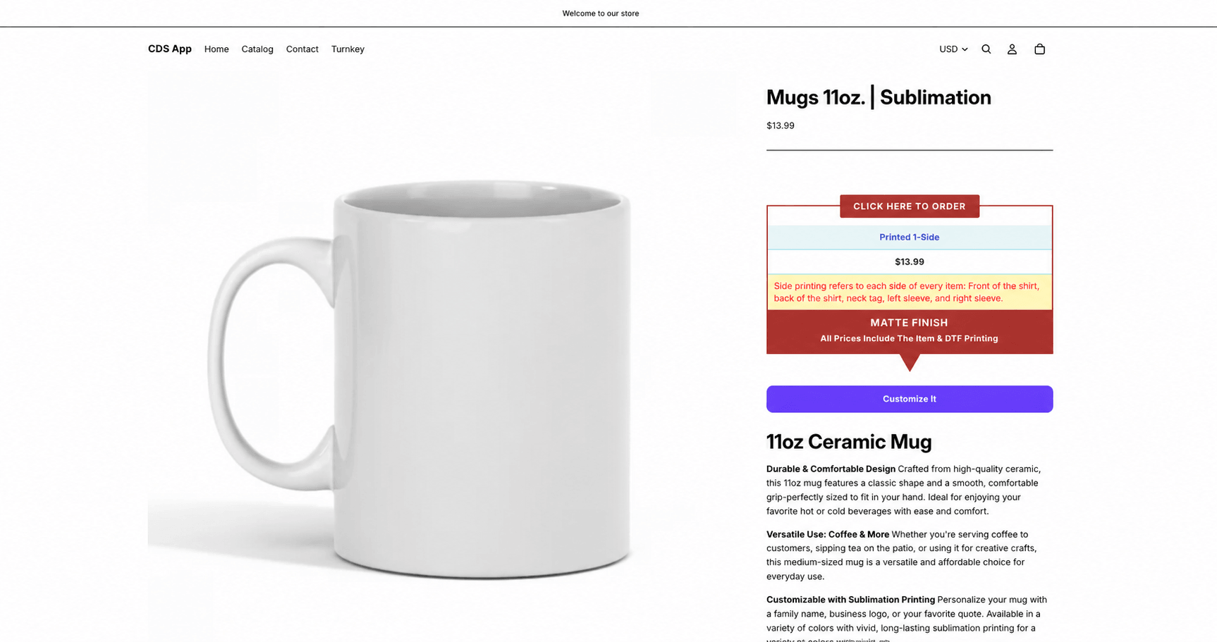 Shopify product page for a mug with the purple Customize It button visible
