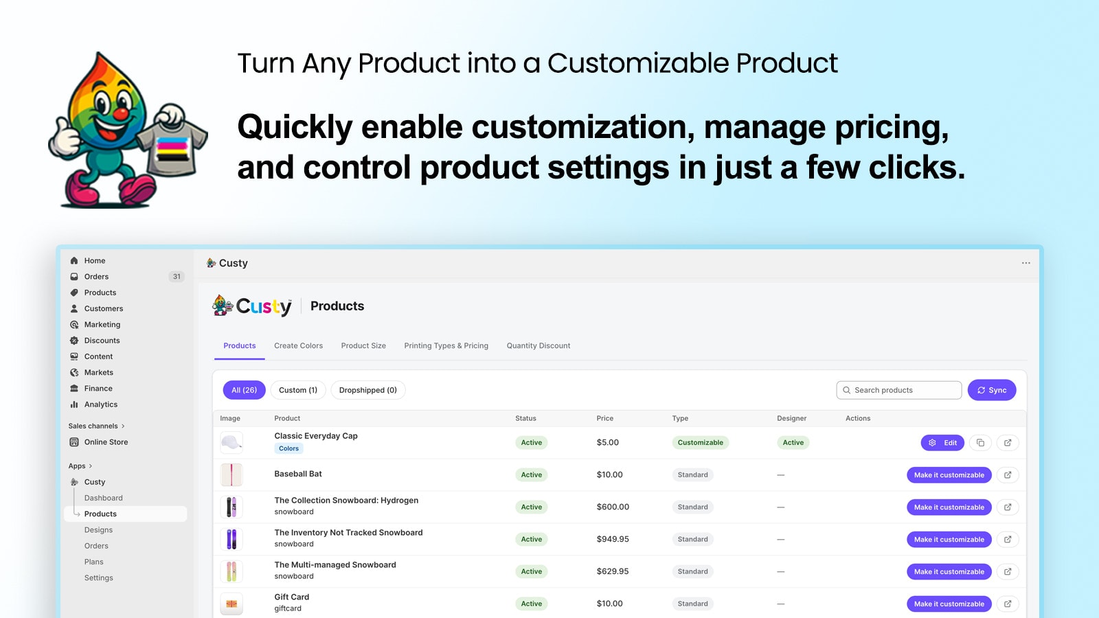 Custy Products screen with the Sync control and Make it customizable actions