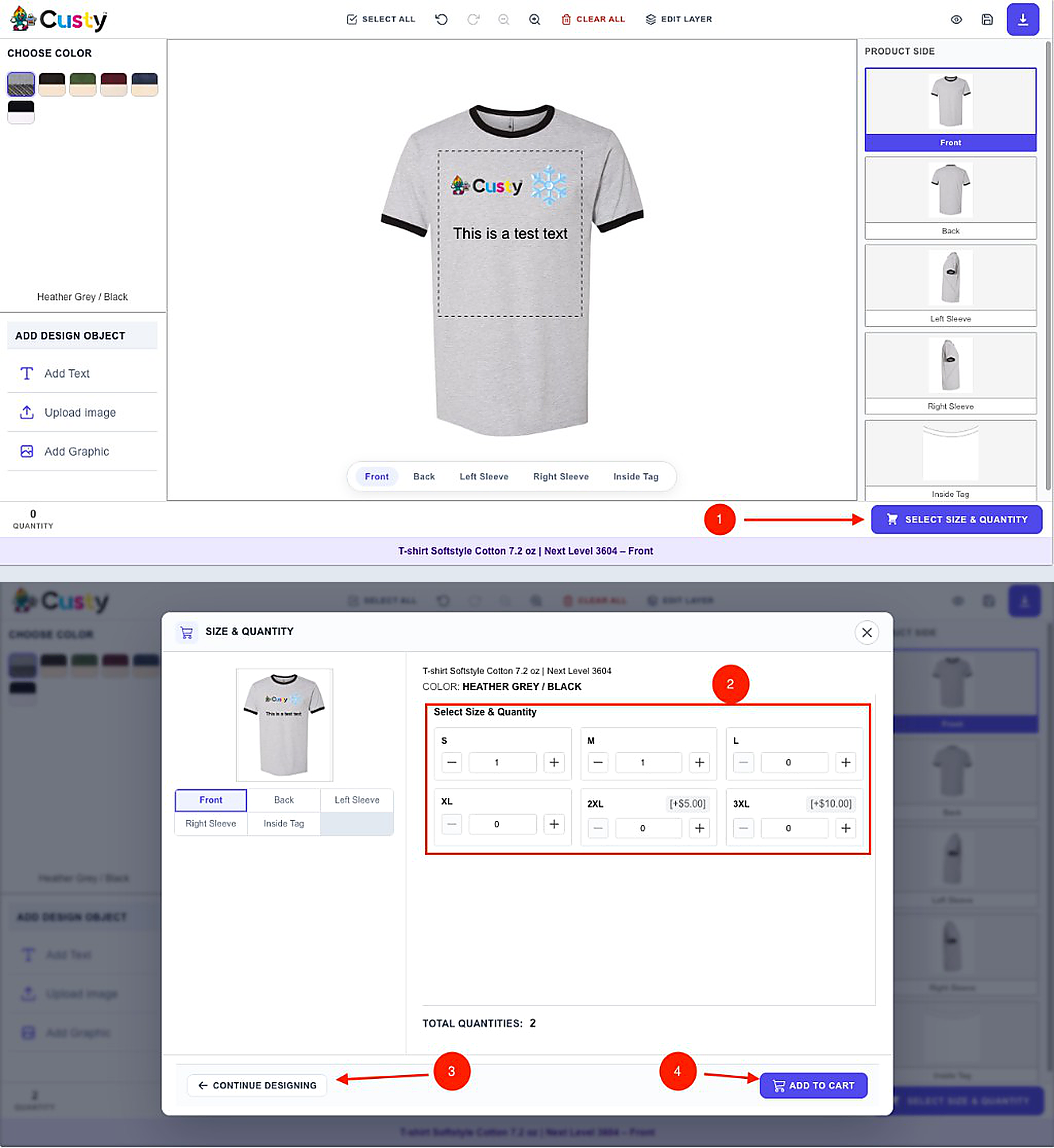 SELECT SIZE & QUANTITY button, then SIZE & QUANTITY modal with Add to Cart