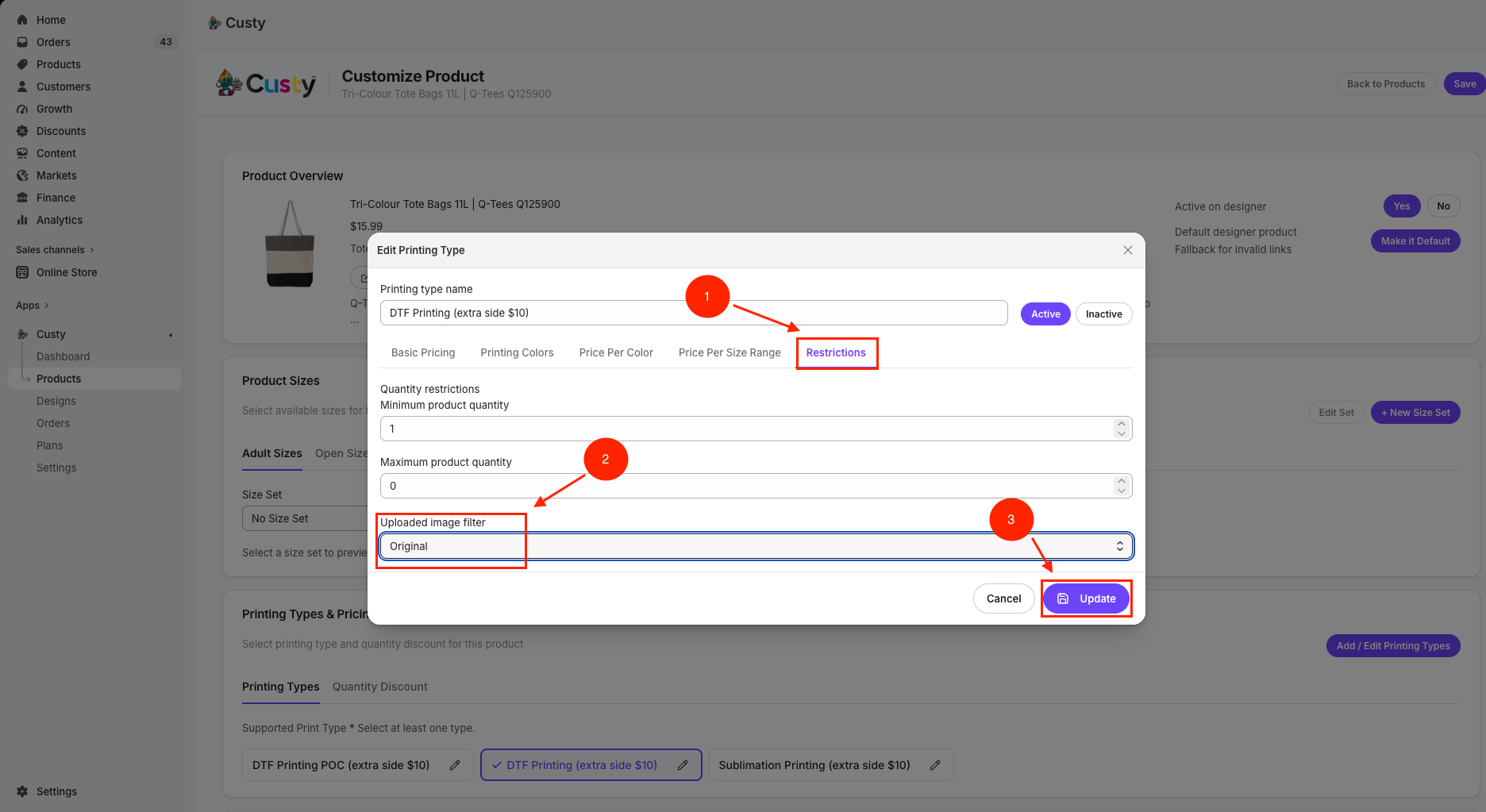 Edit Printing Type Restrictions tab with Uploaded image filter dropdown